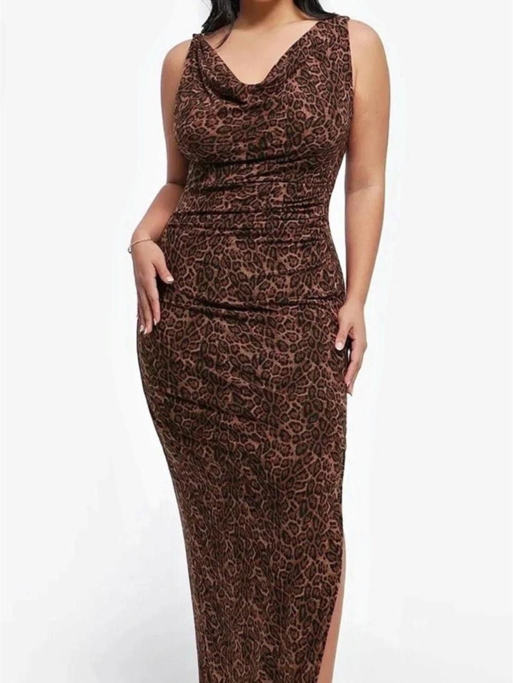 Popilush Shapewear Cowl Neck Leopard Ruched Sculpting Maxi Dress Size L NWT